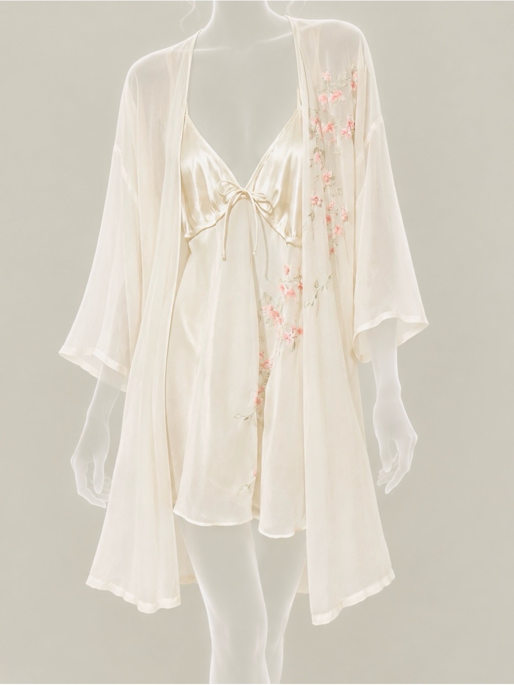 VTG Y2K Secret Treasures Satin Babydoll Chemise Robe Set Ivory Bridal Coquette L